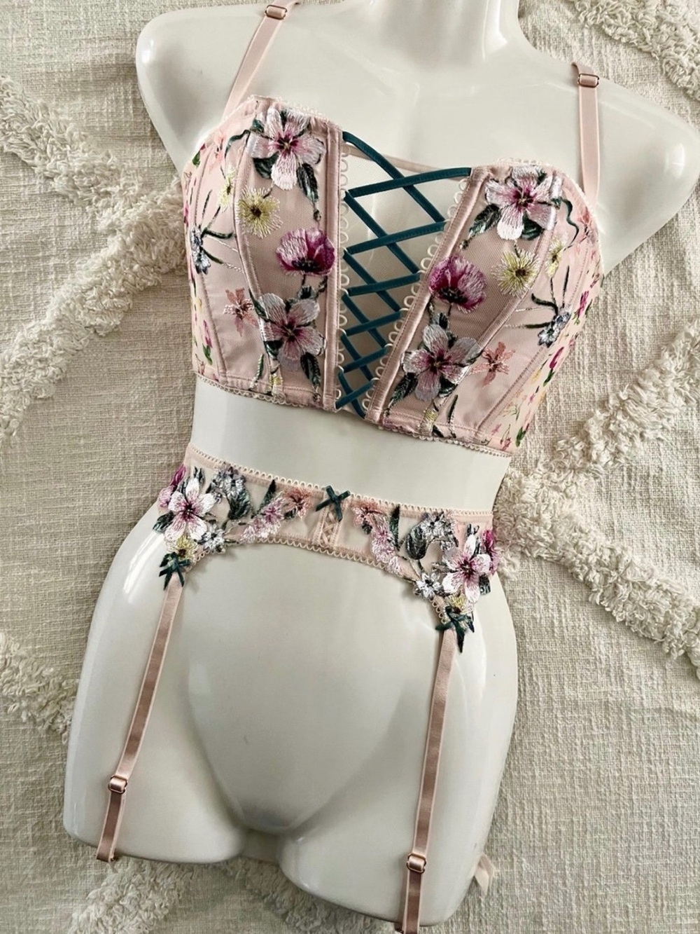 Floral Lace-Up Pink Bustier with Blue Lacing